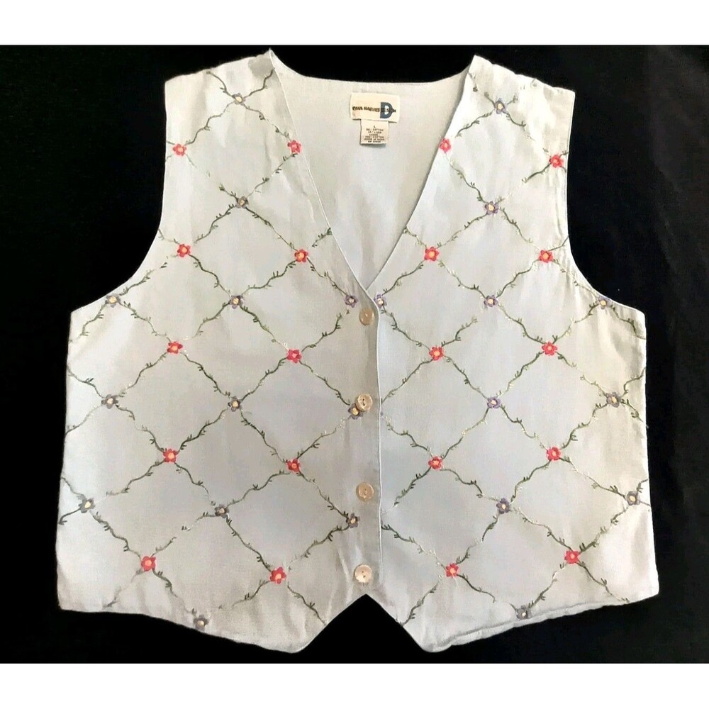 Paul Harris Design Vintage Embroidered Floral Button-Front Vest Ligth Blue Sz L